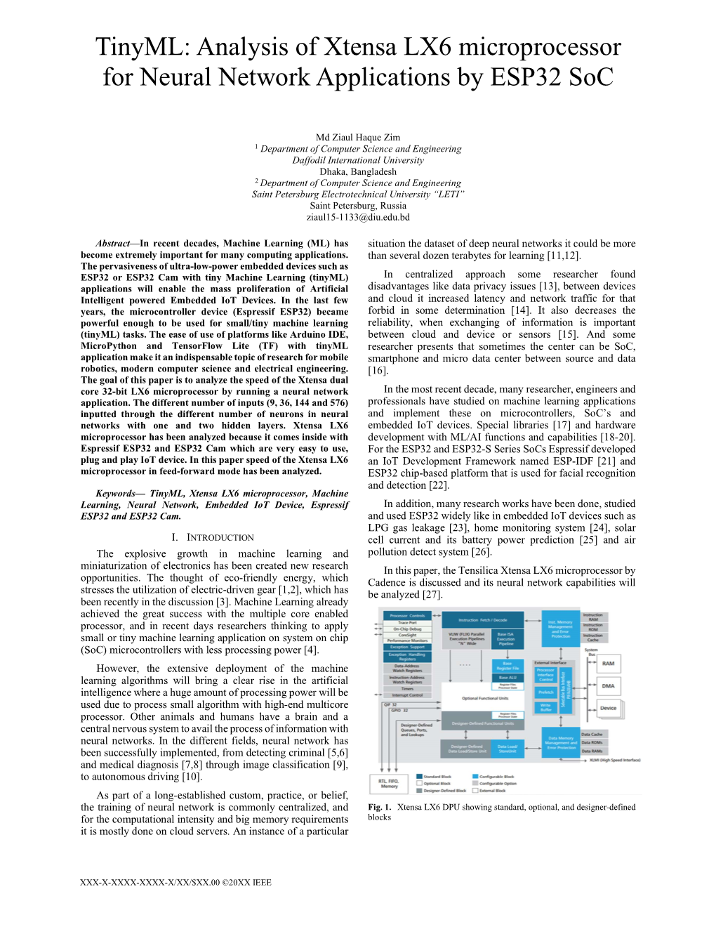 Tinyml: Analysis of Xtensa LX6 Microprocessor for Neural Network Applications by ESP32 Soc