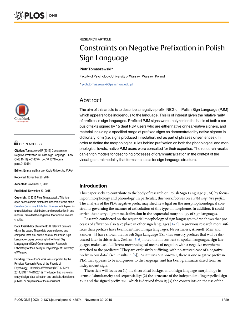 Constraints on Negative Prefixation in Polish Sign Language