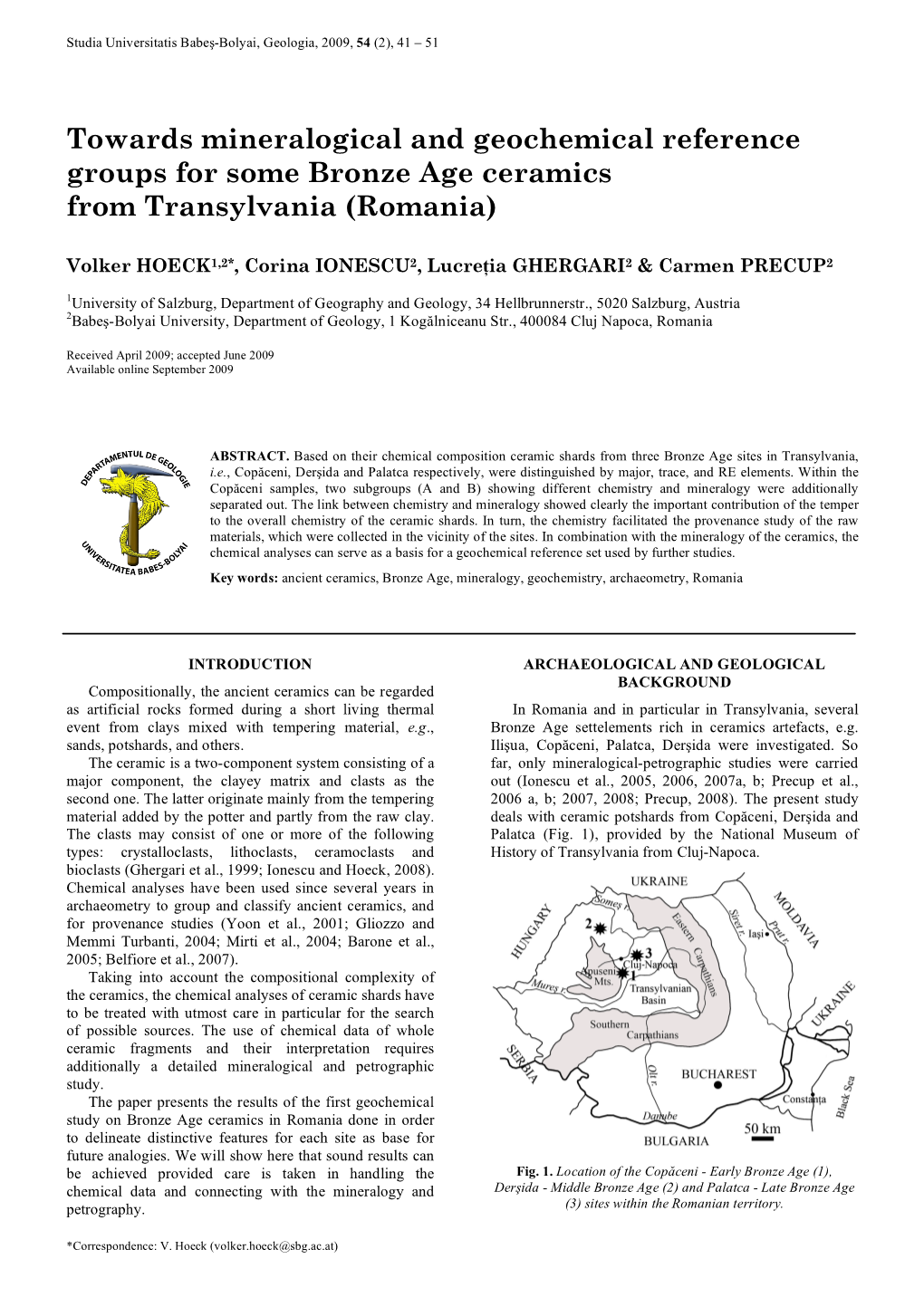 Towards Mineralogical and Geochemical Reference Groups for Some Bronze Age Ceramics from Transylvania (Romania)