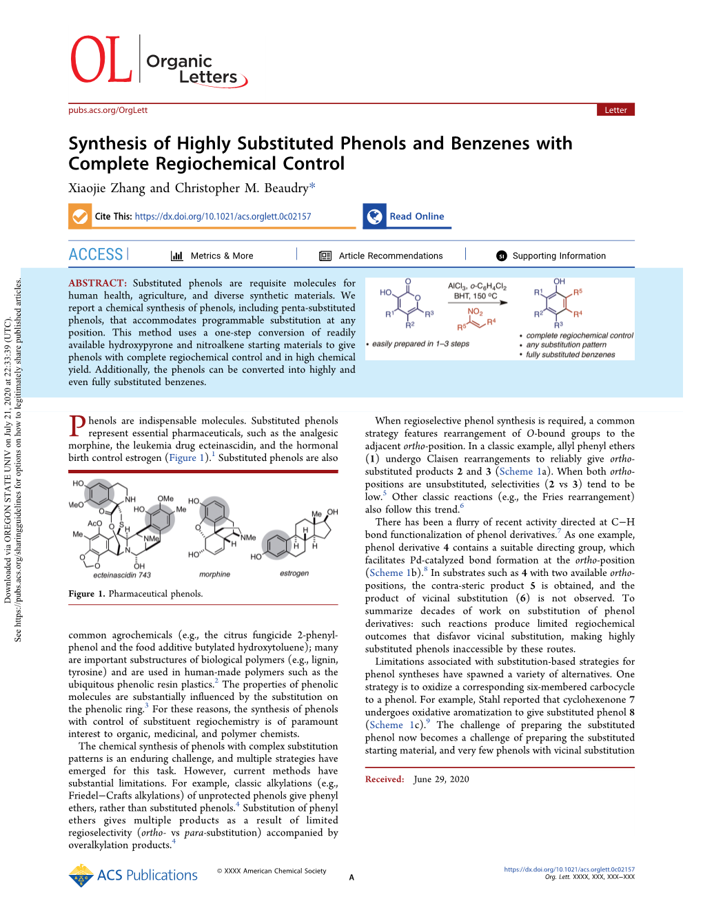 Synthesis of Highly Substituted Phenols and Benzenes with Complete Regiochemical Control Xiaojie Zhang and Christopher M