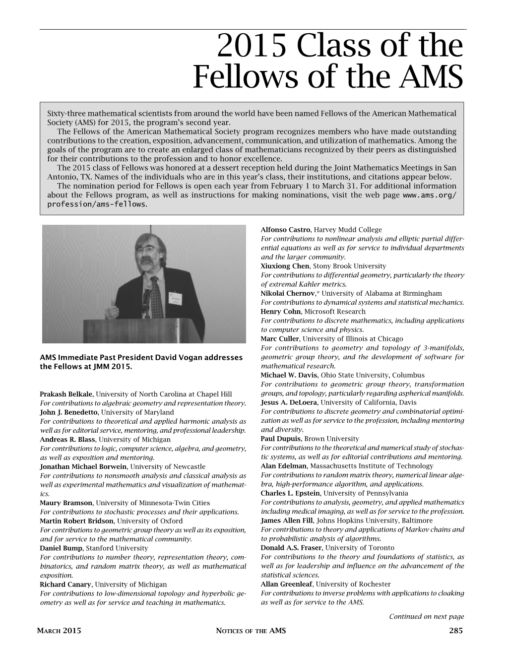 2015 Class of the Fellows of the AMS