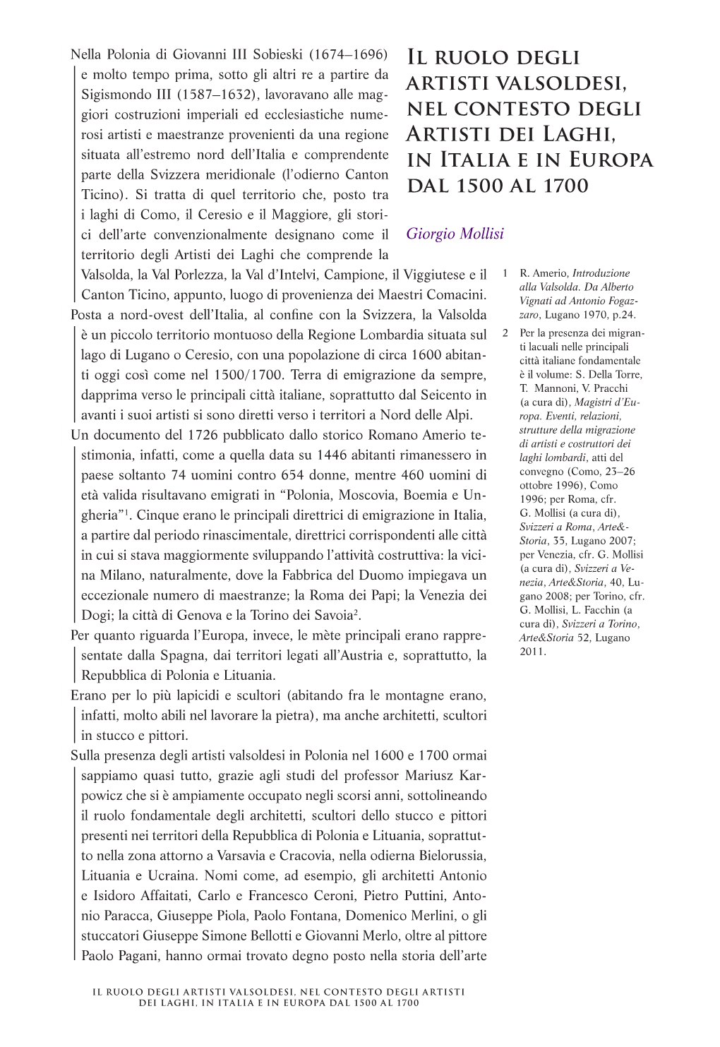 Il Ruolo Degli Artisti Valsoldesi, Nel Contesto Degli Artisti Dei Laghi, in Italia E in Europa Dal 1500 Al 1700 3 M