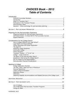 CHOICES Book – 2013 Table of Contents