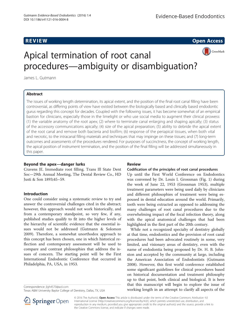 Apical Termination of Root Canal Procedures—Ambiguity Or Disambiguation? James L