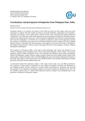 Geochemistry and Petrogenesis of Lamproites from Telangana State, India