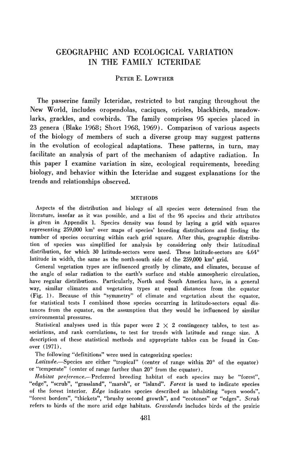 Geographic and Ecological Variation in the Family Icteridae