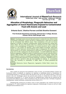 Alteration of Morphology, Phagocytic Behaviour and Aggregation of Insect Haemocytes Exposed to Contaminated Food with Arsenic and Lead