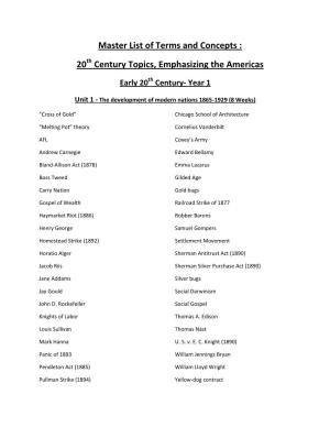 Master List of Terms and Concepts : 20 Century Topics, Emphasizing the Americas