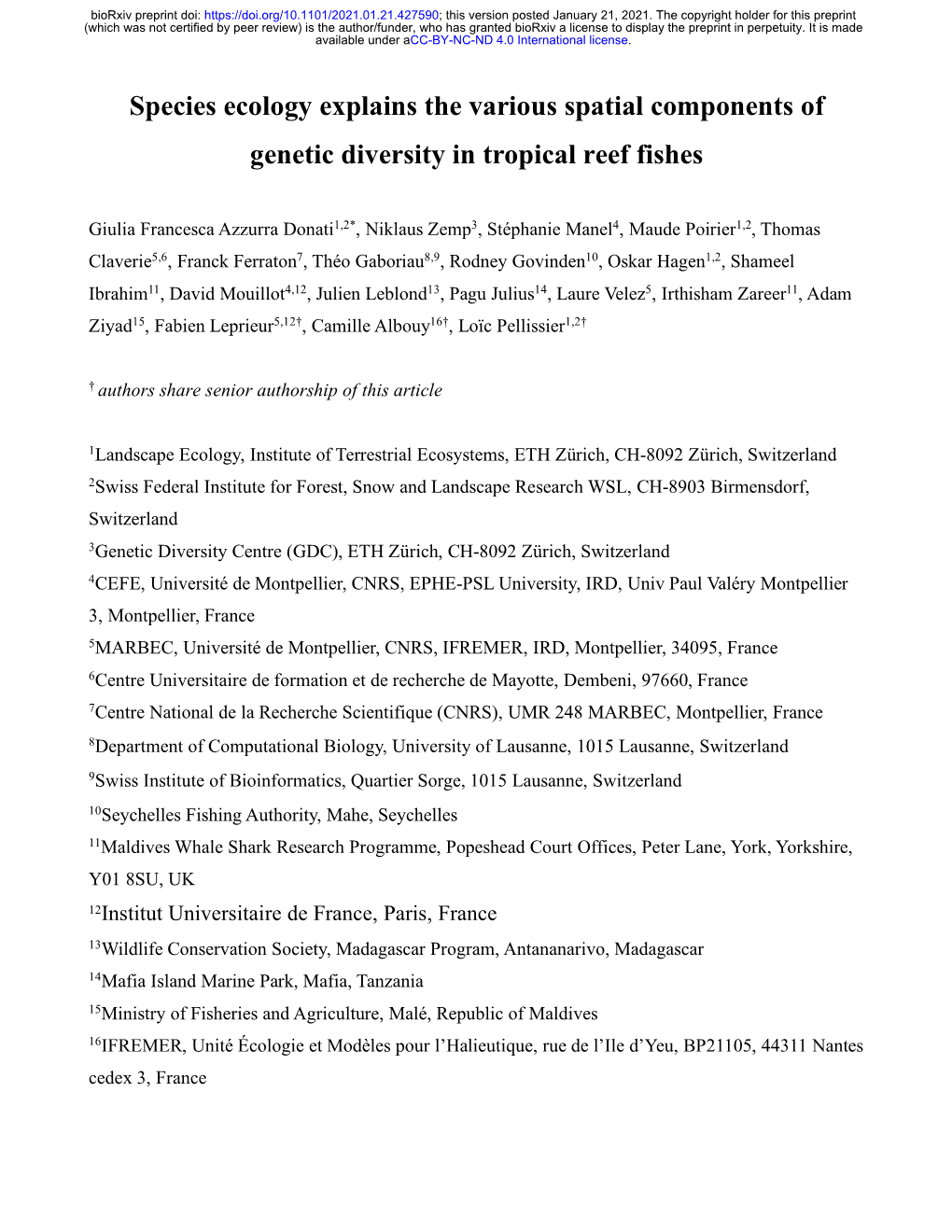 Species Ecology Explains the Various Spatial Components of Genetic Diversity in Tropical Reef Fishes