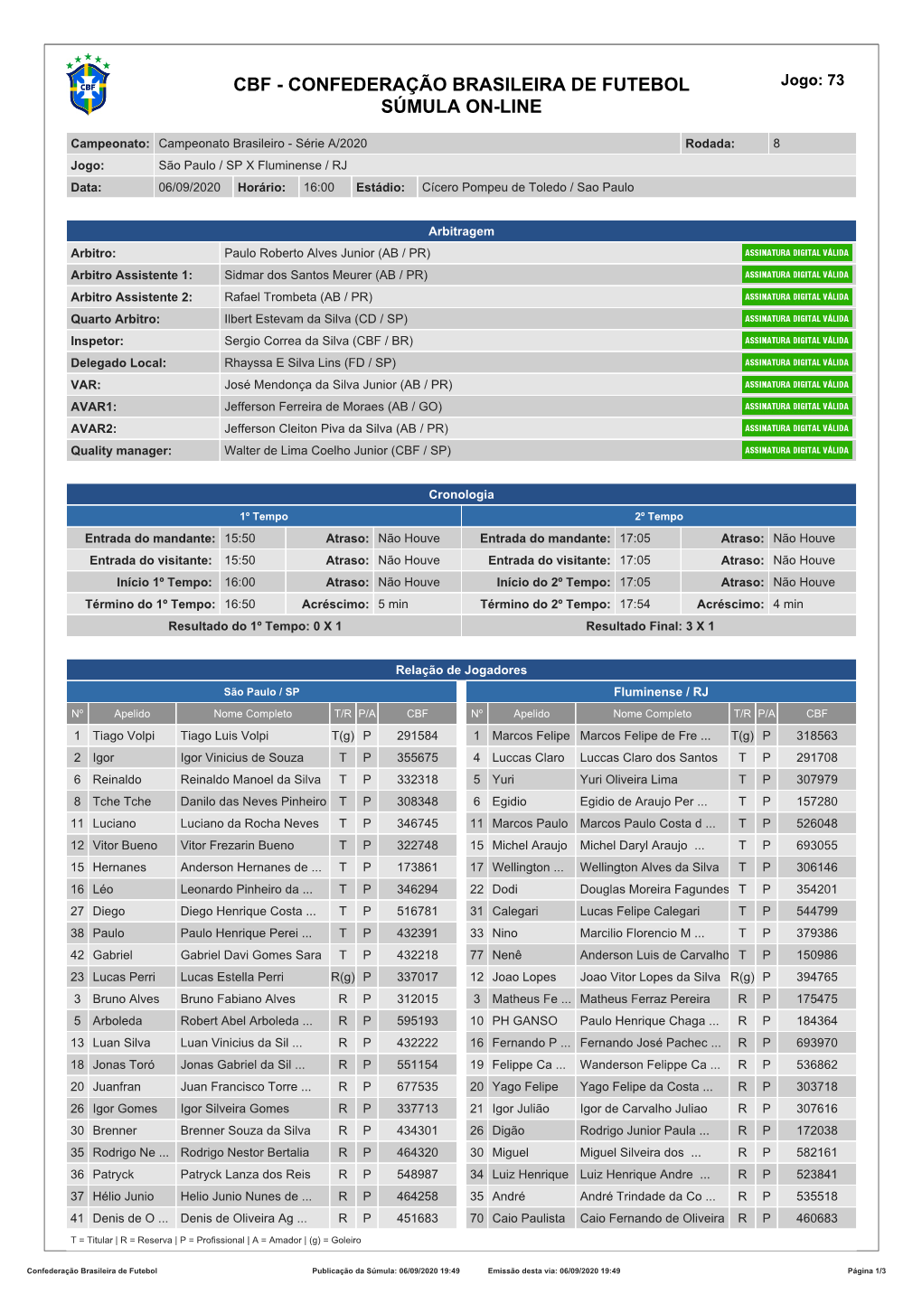 CBF - CONFEDERAÇÃO BRASILEIRA DE FUTEBOL Jogo: 73 SÚMULA ON-LINE