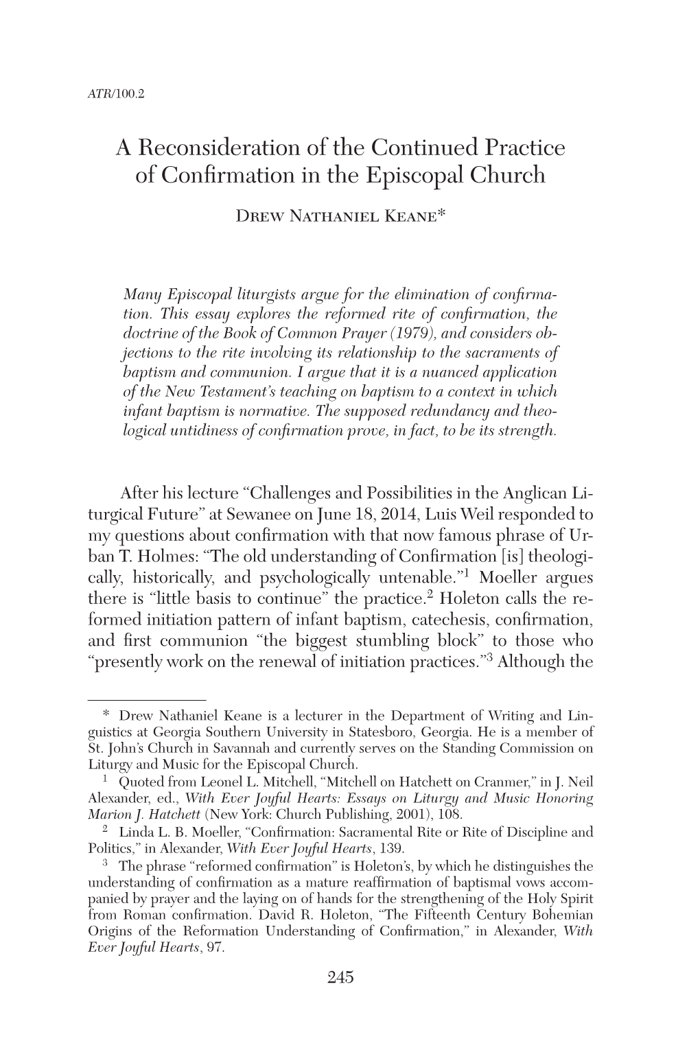 A Reconsideration of the Continued Practice of Confirmation in the Episcopal Church