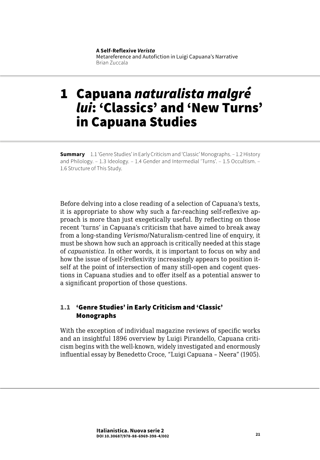 1 Capuana Naturalista Malgré Lui: 'Classics' and 'New Turns'