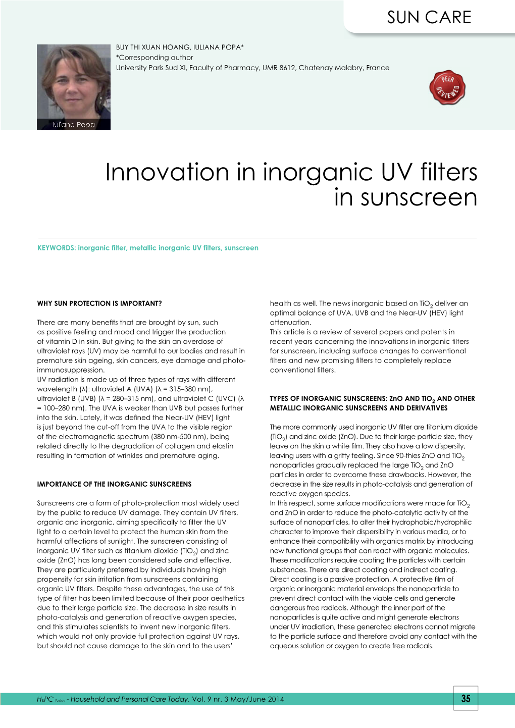 Innovation in Inorganic UV Filters in Sunscreen