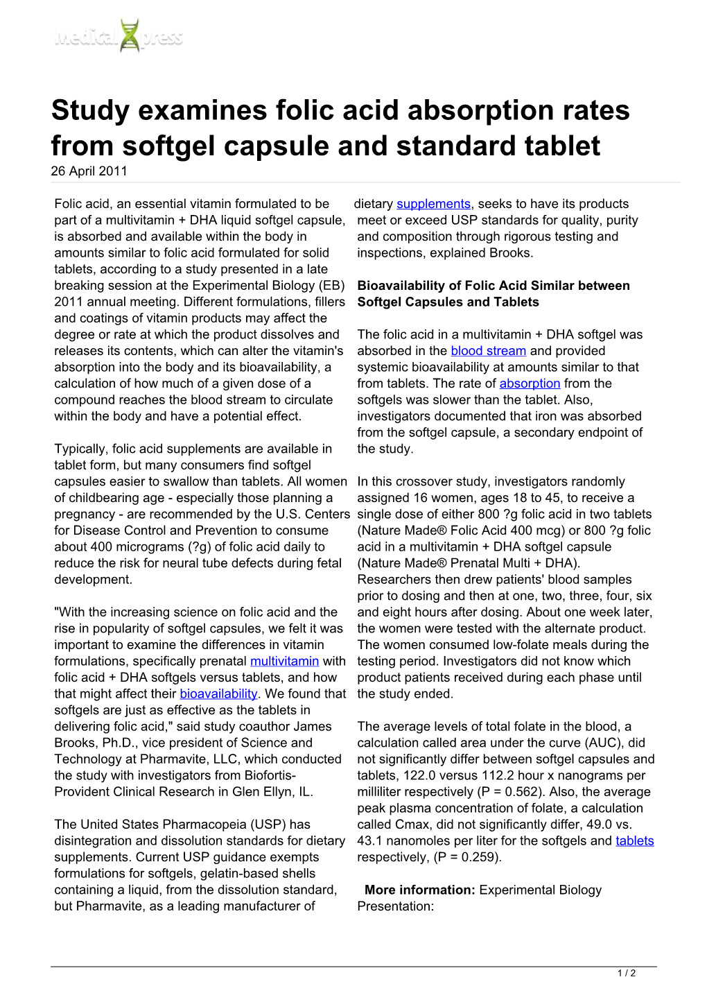 Study Examines Folic Acid Absorption Rates from Softgel Capsule and Standard Tablet 26 April 2011