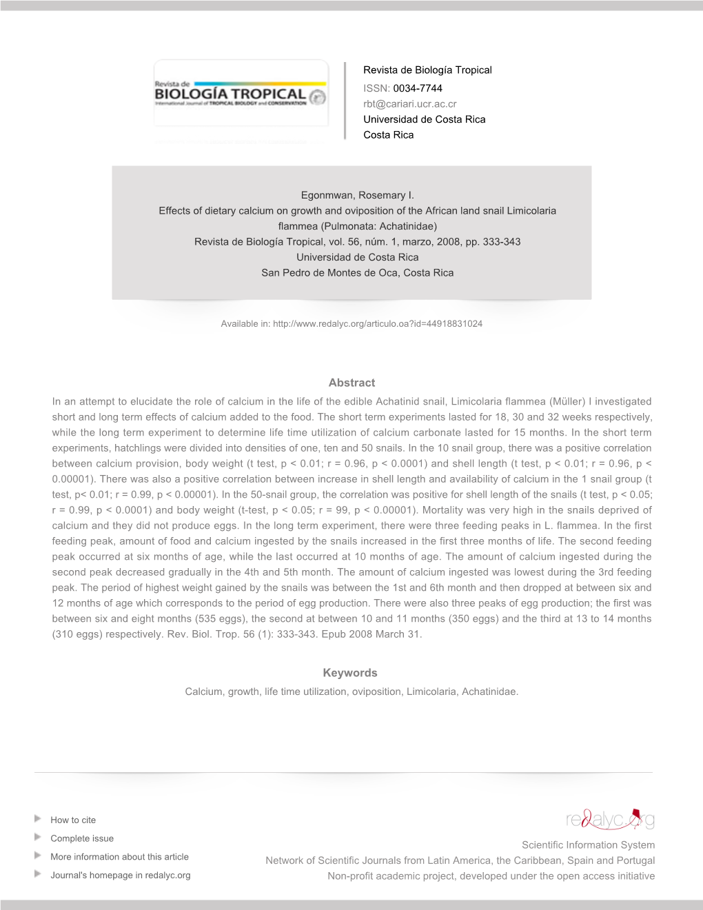 Redalyc. Effects of Dietary Calcium on Growth and Oviposition of The