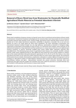 Removal of Heavy Metal Ions from Wastewater by Chemically Modified Agricultural Waste Material As Potential Adsorbent-A Review