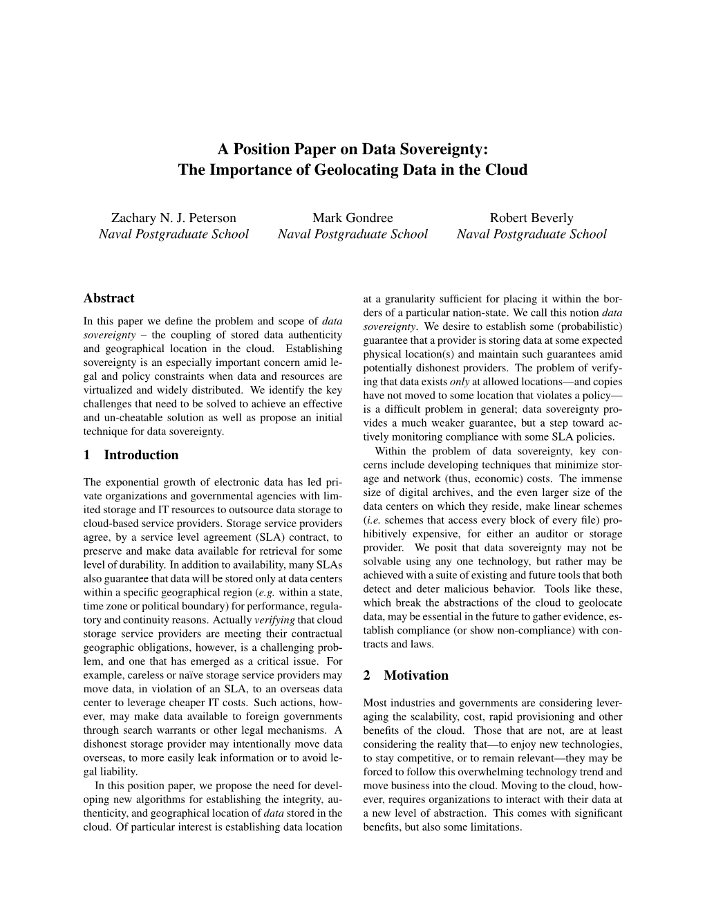 A Position Paper on Data Sovereignty: the Importance of Geolocating Data in the Cloud