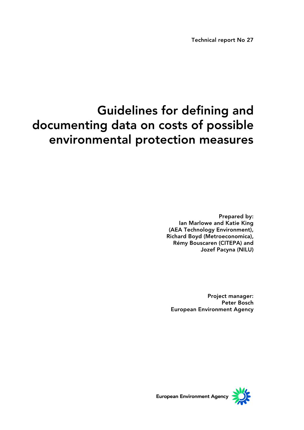 Guidelines for Defining and Documenting Data on Costs of Possible Environmental Protection Measures