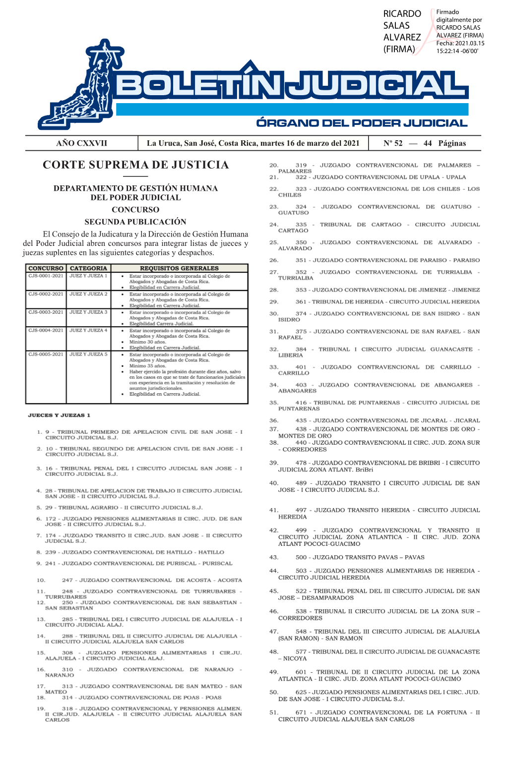 BOLETÍN JUDICIAL N° 52 De La Fecha 16 03 2021