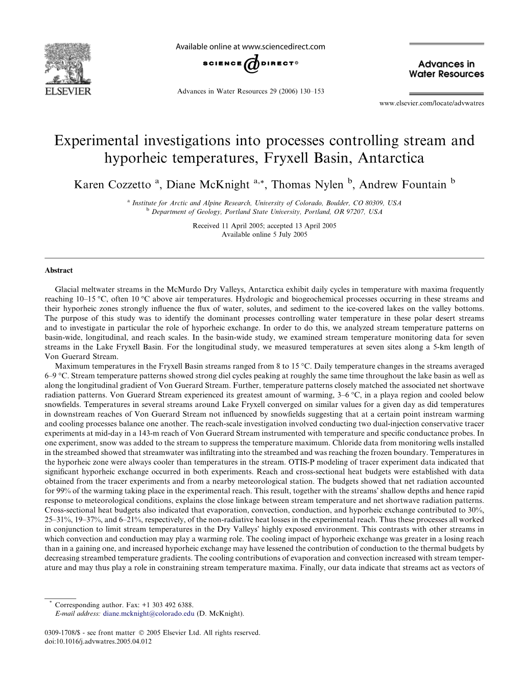 Experimental Investigations Into Processes Controlling Stream and Hyporheic Temperatures, Fryxell Basin, Antarctica