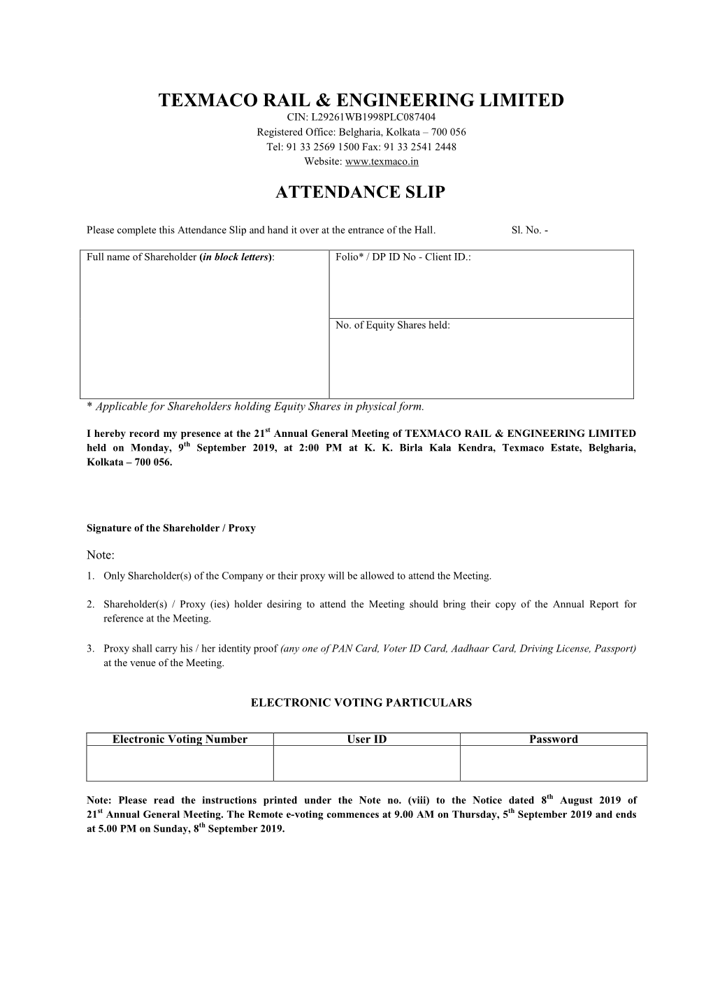 Attendance Slip and Proxy Form for AGM 2019