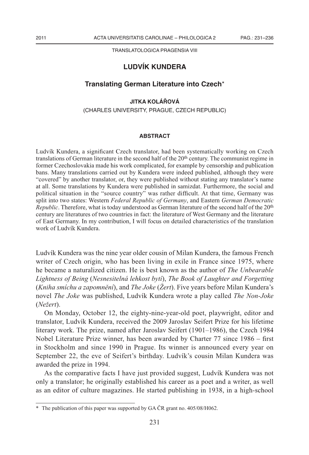 231 Ludvík Kundera Translating German Literature Into Czech