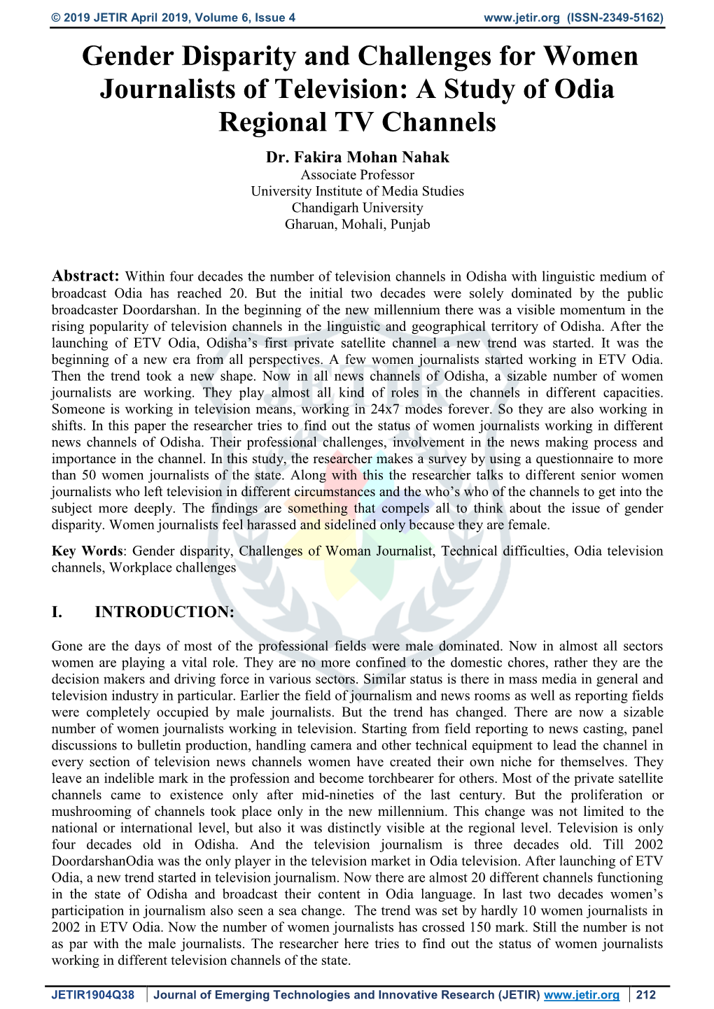 Gender Disparity and Challenges for Women Journalists of Television: a Study of Odia Regional TV Channels Dr