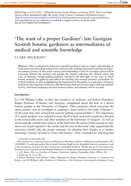 Late Georgian Scottish Botanic Gardeners As Intermediaries of Medical and Scientiﬁc Knowledge