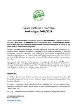 Grandi Spe+Acoli a Ecoteatro Ecorassegna 2020/2021 Prosa, Musica, Danza