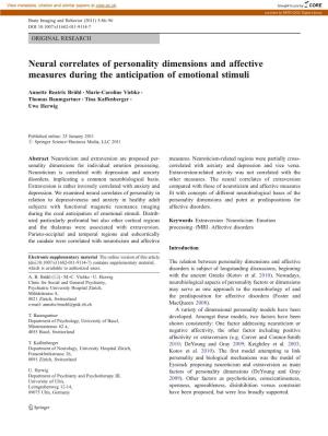 Neural Correlates of Personality Dimensions and Affective Measures During the Anticipation of Emotional Stimuli