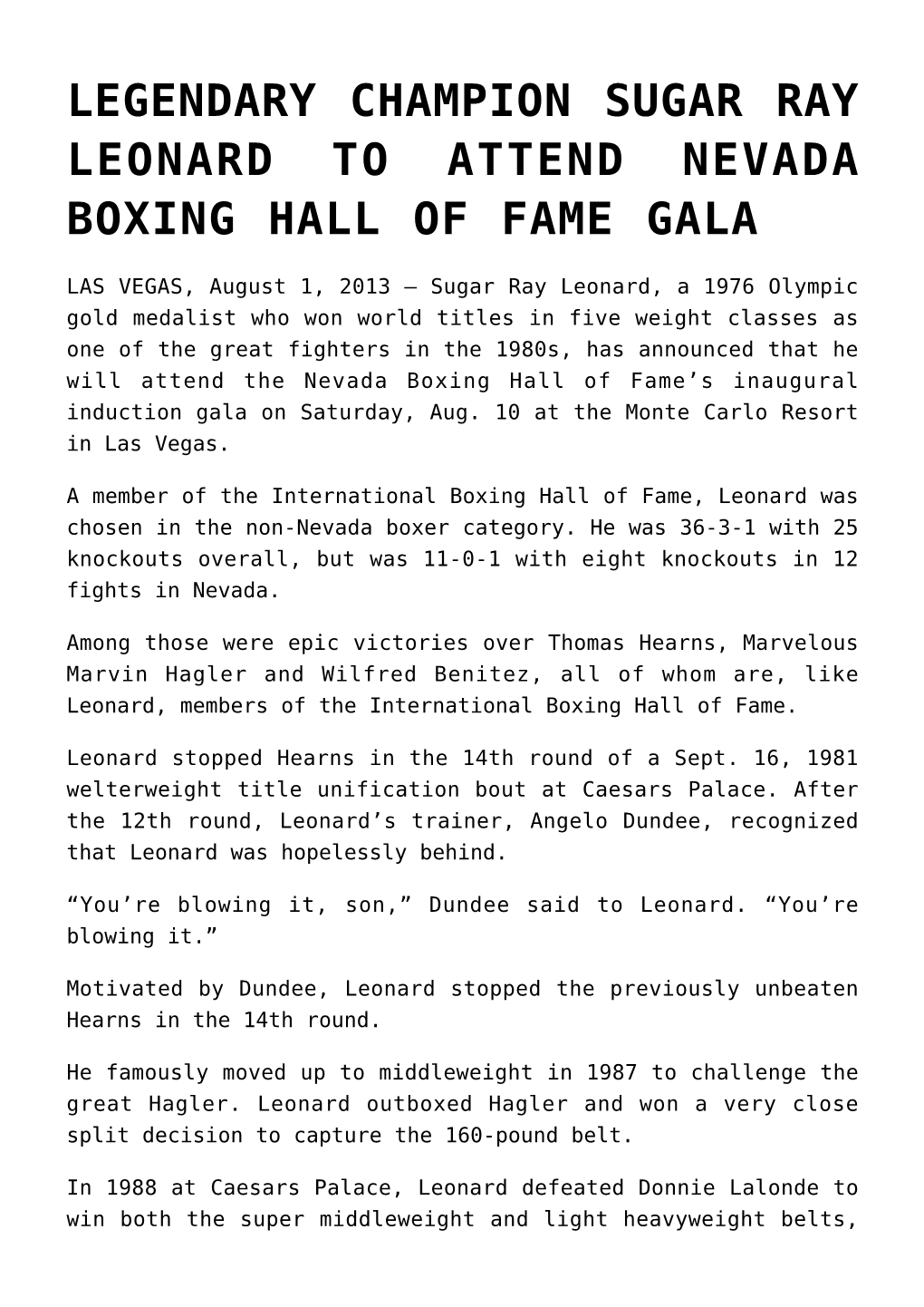 Legendary Champion Sugar Ray Leonard to Attend Nevada Boxing Hall of Fame Gala