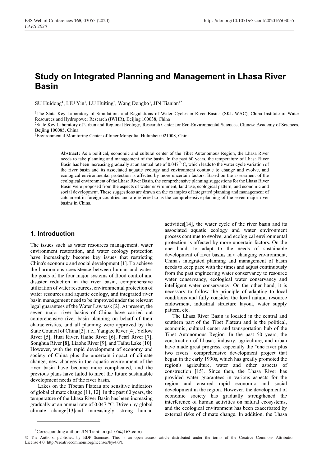 Study on Integrated Planning and Management in Lhasa River Basin