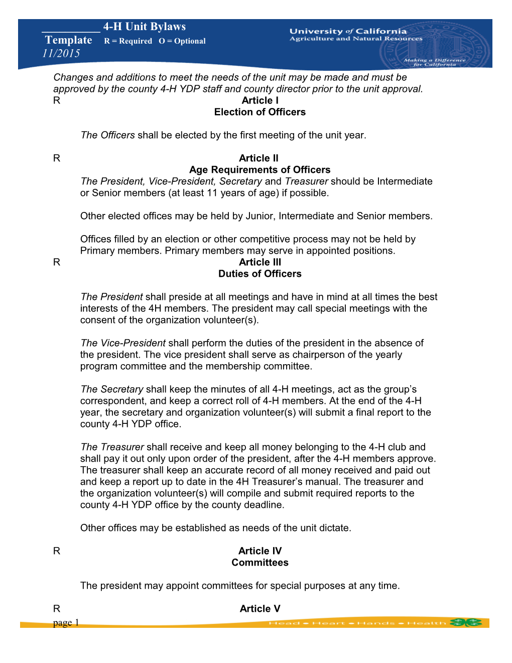 ______4-H Unit Bylaws Template R = Required O = Optional