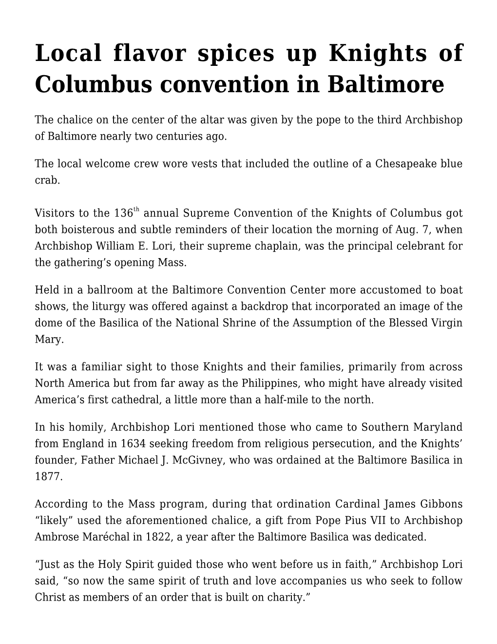 Local Flavor Spices up Knights of Columbus Convention in Baltimore