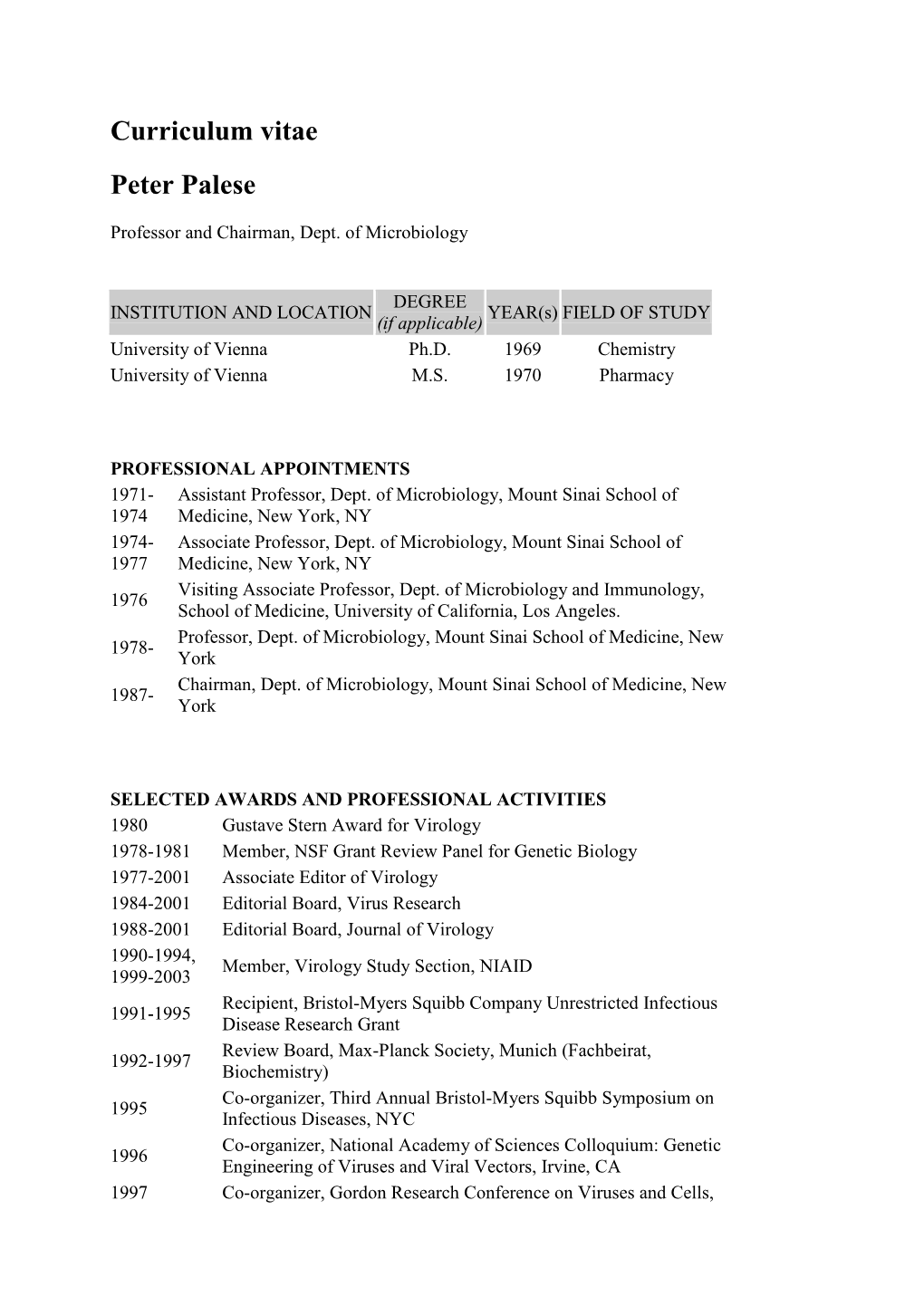 Curriculum Vitae Peter Palese