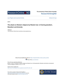 The Attack on Western Religions by Western Law: Re-Framing Pluralism, Liberalism and Diversity
