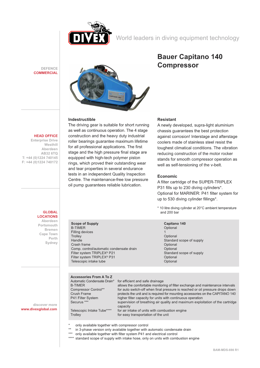 Bauer Capitano 140 Compressor Petrol 225 Bar Bauer Capitano 140 Compressor 3 Phase 225 Bar