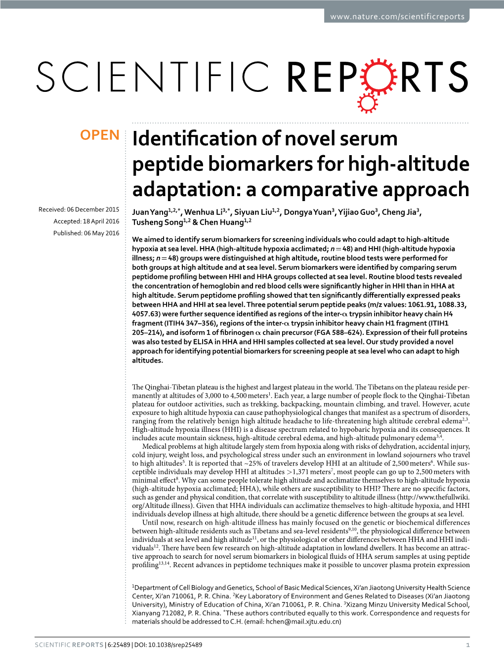 Identification of Novel Serum Peptide Biomarkers for High