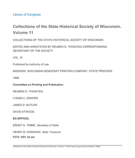 Collections of the State Historical Society of Wisconsin. Volume 11: A