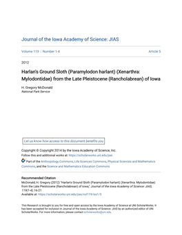 Harlan's Ground Sloth (Paramylodon Harlant) (Xenarthra: Mylodontidae) from the Late Pleistocene (Rancholabrean) of Iowa