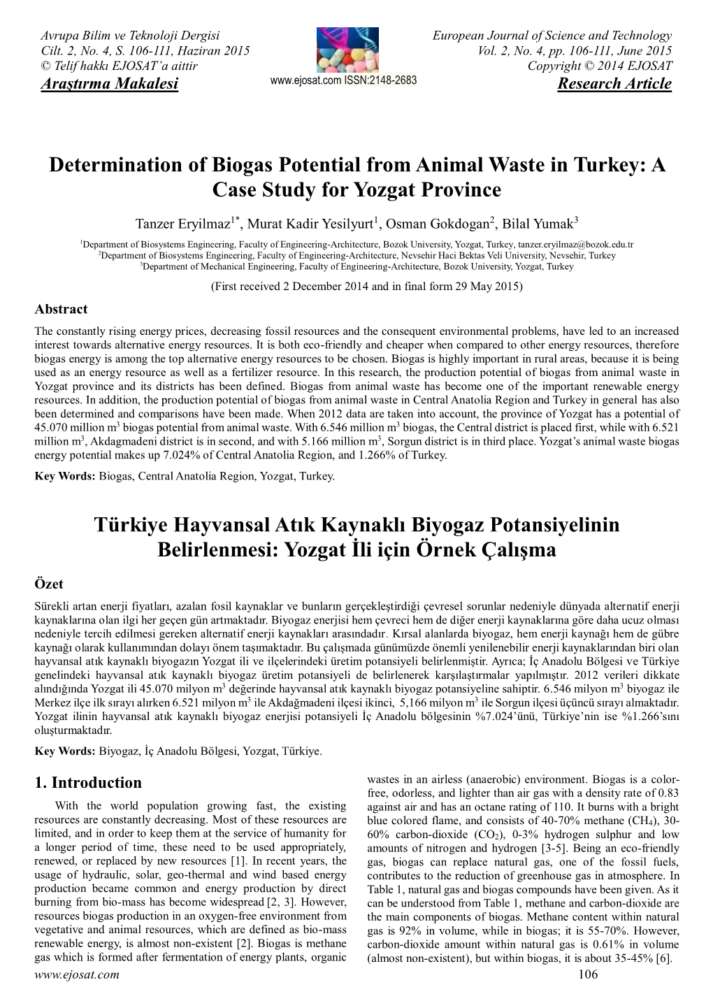 Determination of Biogas Potential from Animal Waste in Turkey: a Case Study for Yozgat Province