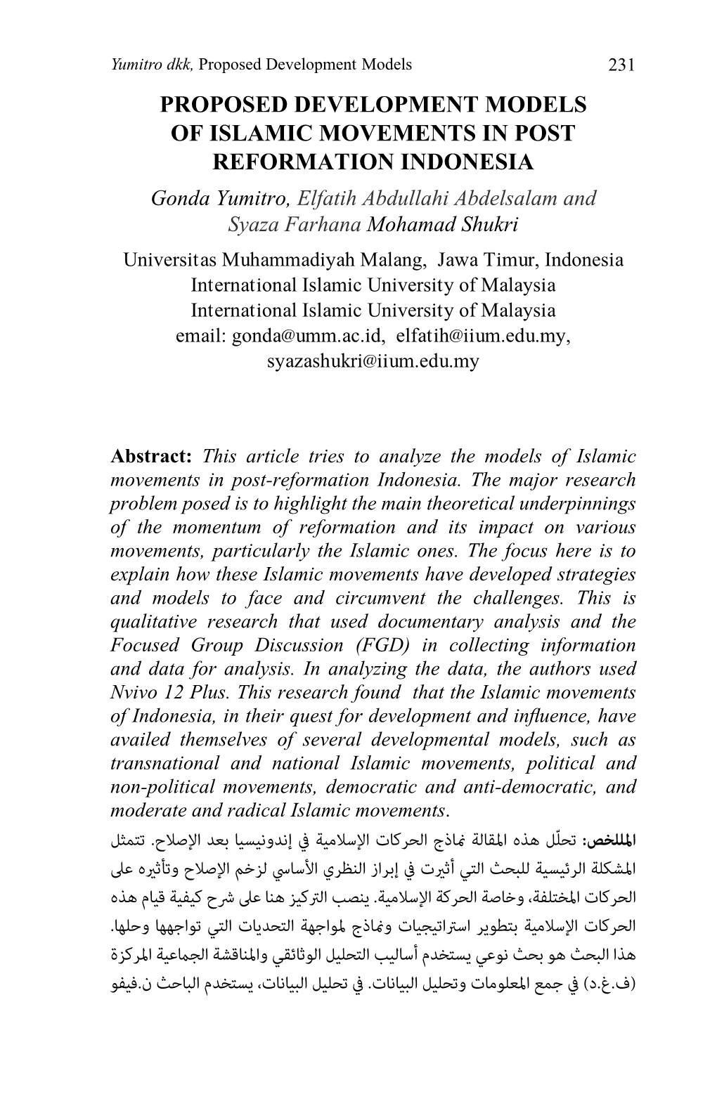 Proposed Development Models of Islamic Movements in Post Reformation Indonesia