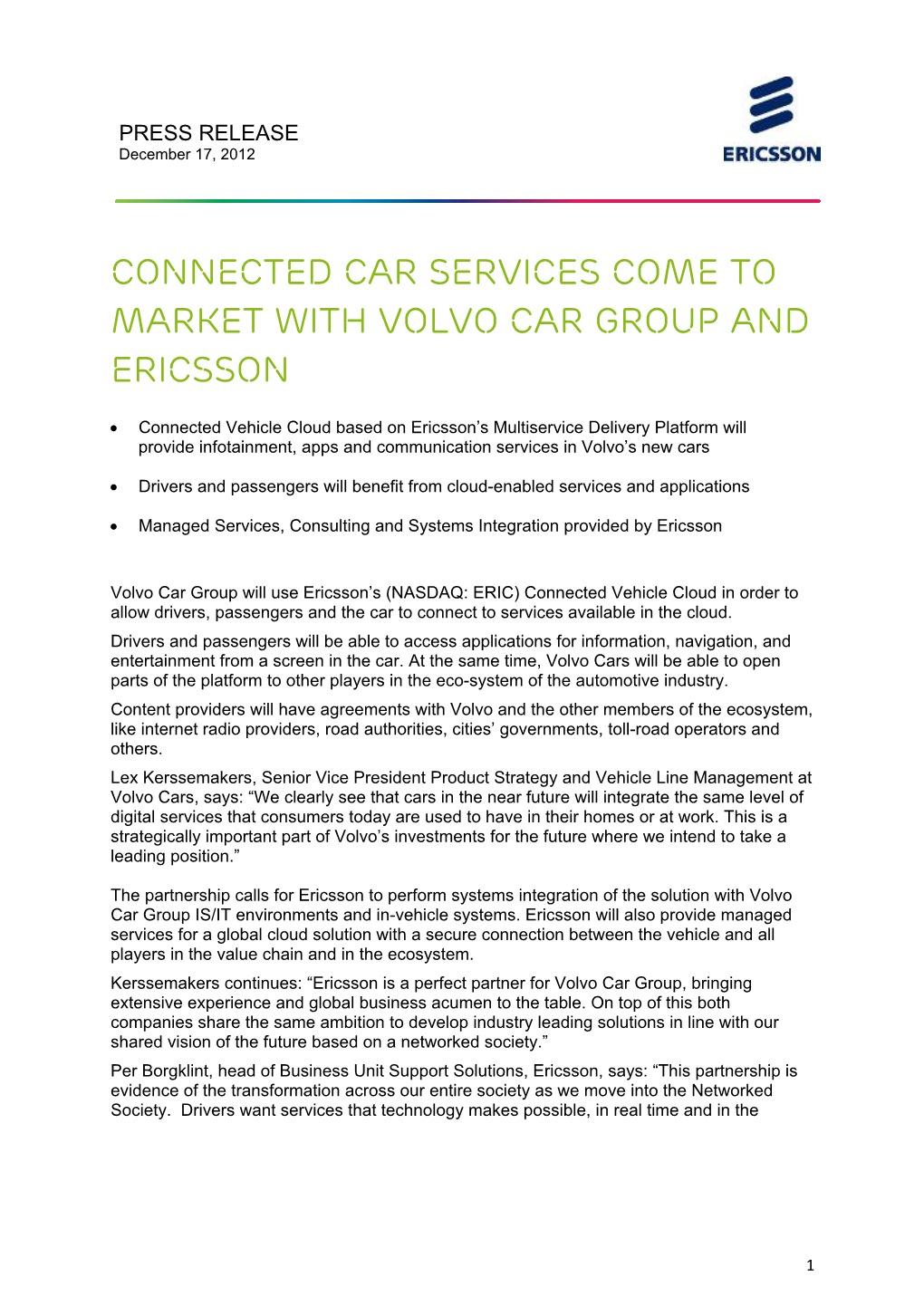 Connected Car Services Come to Market with Volvo Cars and Ericsson