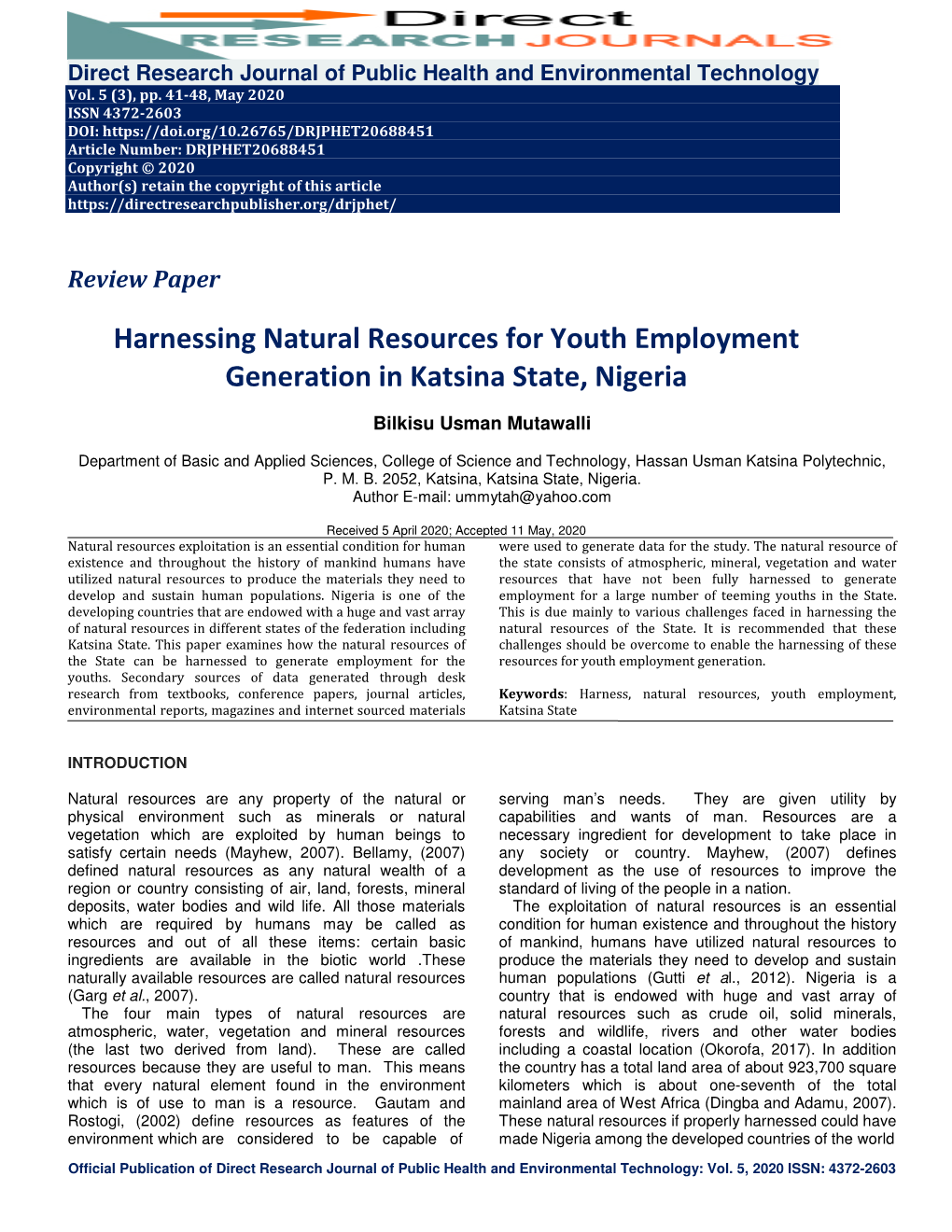 Harnessing Natural Resources for Youth Employment Generation in Katsina State, Nigeria