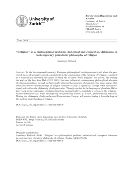 “Religion” As a Philosophical Problem: Historical and Conceptual Dilemmas in Contemporary Pluralistic Philosophy of Religion