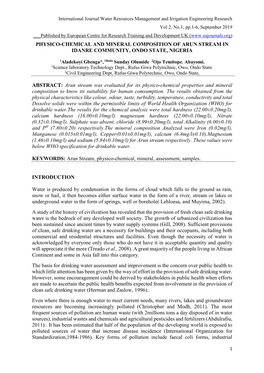 Physico-Chemical and Mineral Composition of Arun Stream in Idanre Community, Ondo State, Nigeria