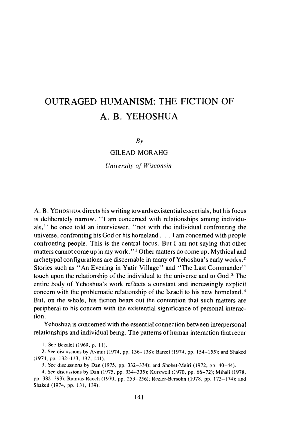 Outraged Humanism: the Fiction of A.B. Yehoshua