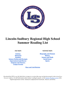 Lincoln-Sudbury Regional High School Summer Reading List