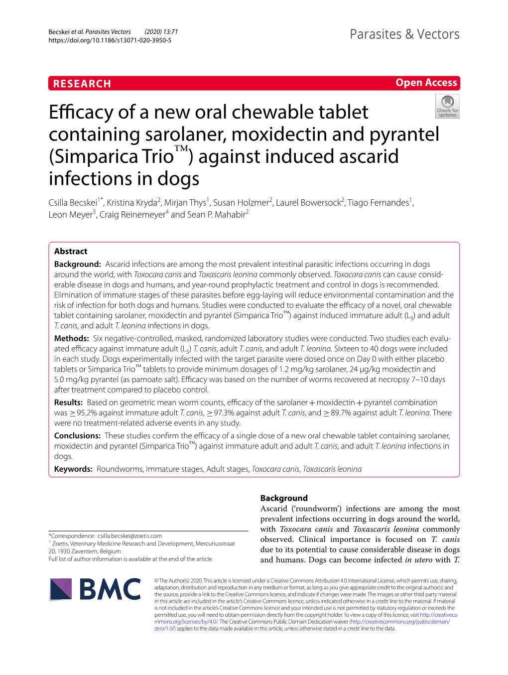 Efficacy of a New Oral Chewable Tablet Containing Sarolaner, Moxidectin