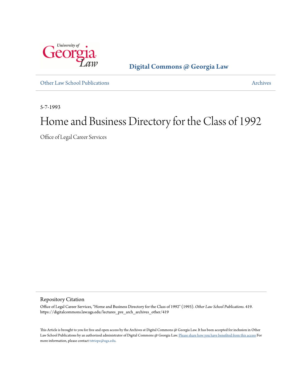 Home and Business Directory for the Class of 1992 Office of Legal Career Services